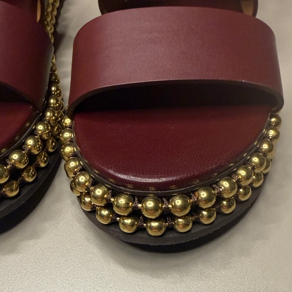 Chloé Burgundy Crisscross Leather Platform Sandals with Gold Bead Trim - Picture 2 of 12